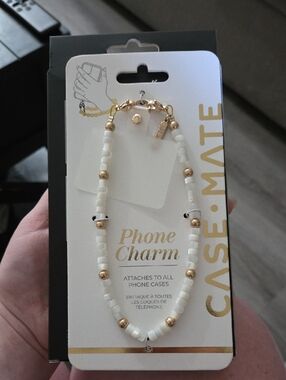 Case Mate White Beaded Phone Charm with Gold Accents Keychain Holder